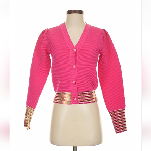 Story Sweaters - Story Pink Cropped Cardigan Puff Sleeves Striped Waist XS NWT